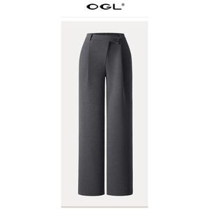OGL Women’s L Cozy Warm High Rise Slanted Fly Front Wide Leg Pants Heather Black
